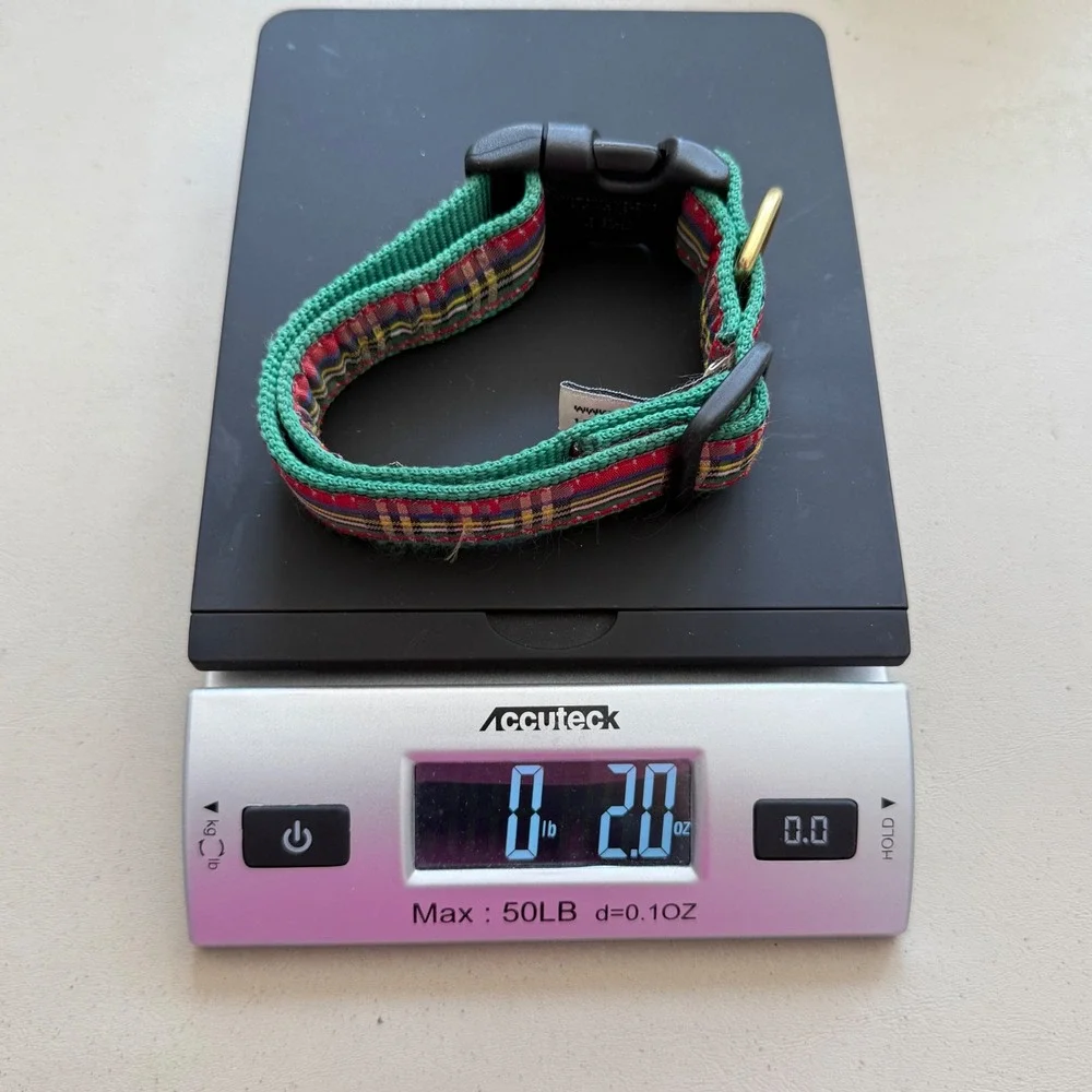 Up Country Dog Collar‎ Medium Green Red Tartan Plaid Adjustable Brass Hardware